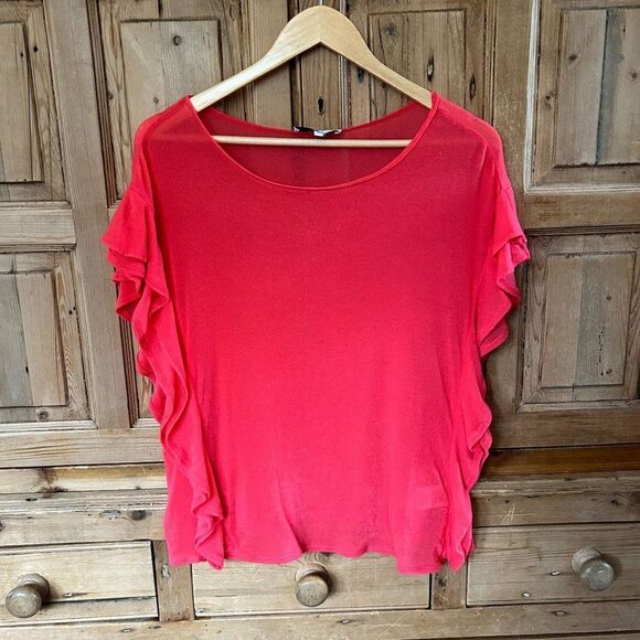 IRO XS Ruffle Side Blouse Bright Pink Boxy Fit Drape Boat Neck Top Shirt Dalia - Picture 1 of 11